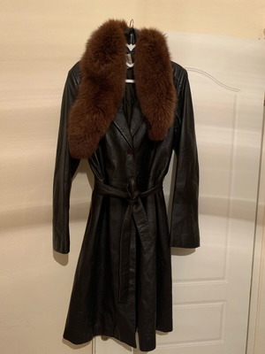 Dimensioni napa leather trench coat with fur collar, new, dark brown