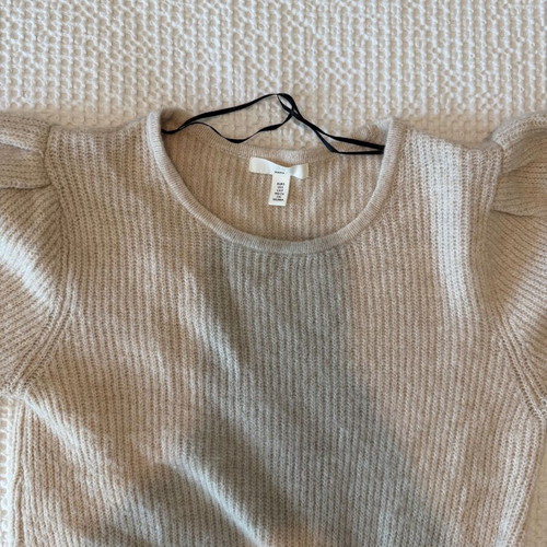 H&M ribbed knit dress, beige, puff sleeves