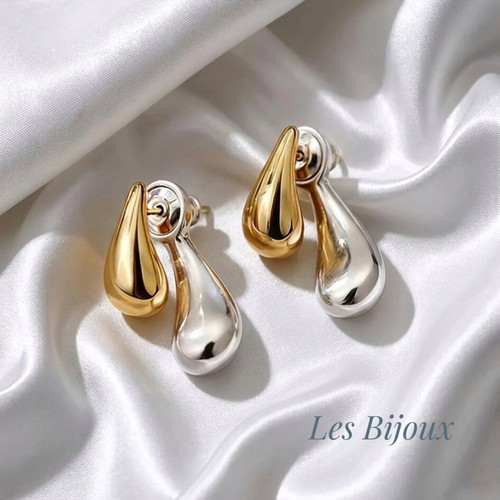 Steel Earrings "Tear" Two-Tone Gold & Silver New