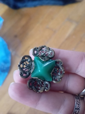 Vintage Victorian Revival brooch with green Lucite cabochon