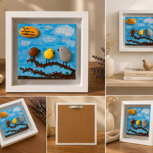 Handmade framed artwork Three Little Birds with pebble relief
