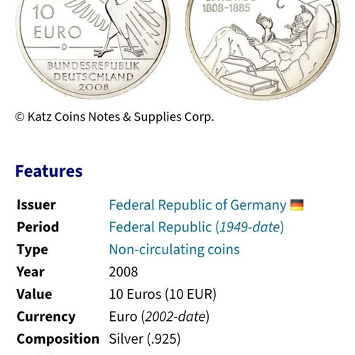 Silver coin 10 euros 2008 Germany like new