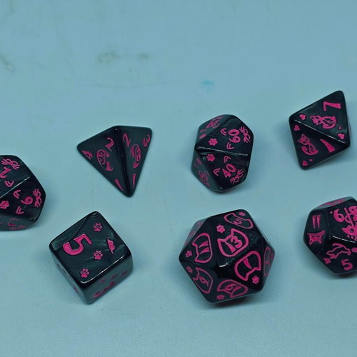 RPG Cat Lovers dice set like new, black and neon pink