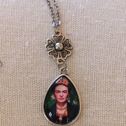 Frida Kahlo statement silver tone necklace with tear-shaped pendant