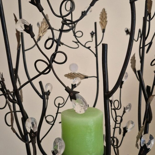 Metal floor candle holder used 1.3 m handmade with crystals