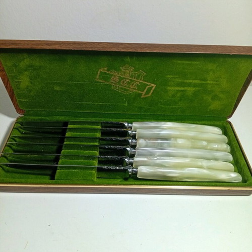 The Sheffield Crown Cutlery S.C.C. steak knife set of 6 with pearl handles in case