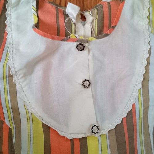1970s striped dress with bib front and puff sleeves used