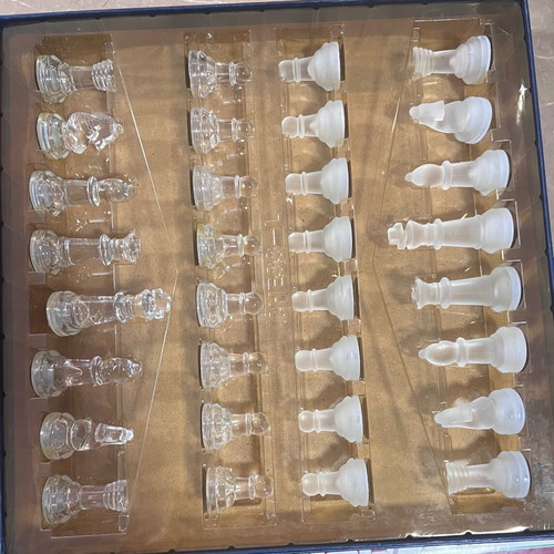 Glass chess set with original packaging, 35x35 cm