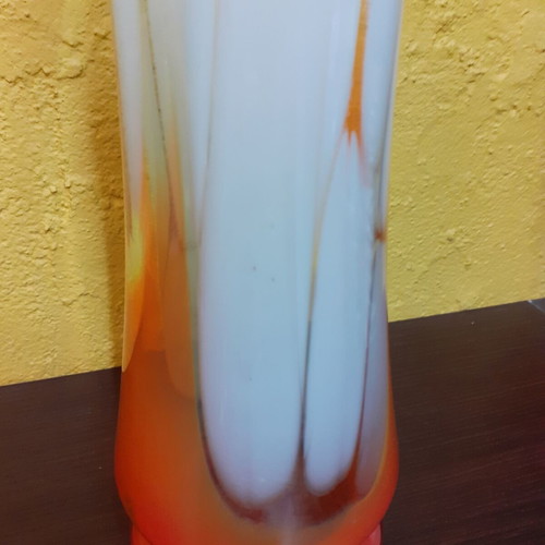 Glass vase used, vintage artistic blown glass with white and orange colors