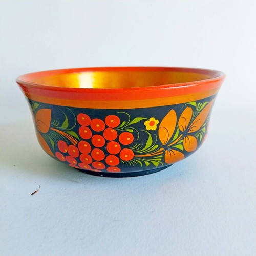 Vintage Khokhloma Hand-Painted Wooden Bowl and Cup Set like new