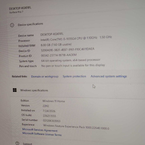 Microsoft Surface Pro 7 i5-1035G4 8GB 128GB SSD without screen used