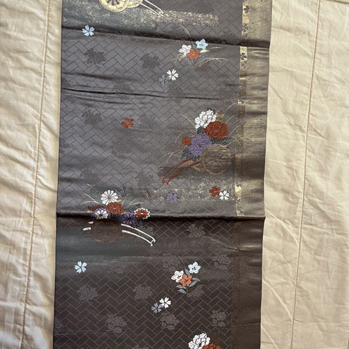 Kimono Obi belt like new, silk, gray and gold, 420 cm length