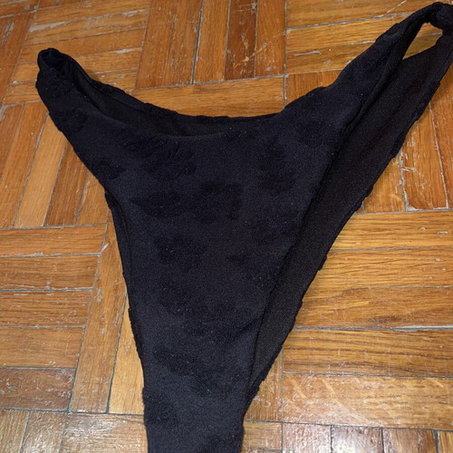 Black Brazilian bikini bottom with embossed velvet flowers, M