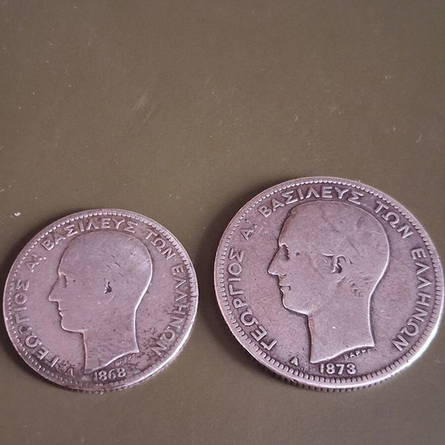 Collectible Silver Coins Set of Georgios A' 1 Drachma 1868 & 2 Drachmas 1873 used