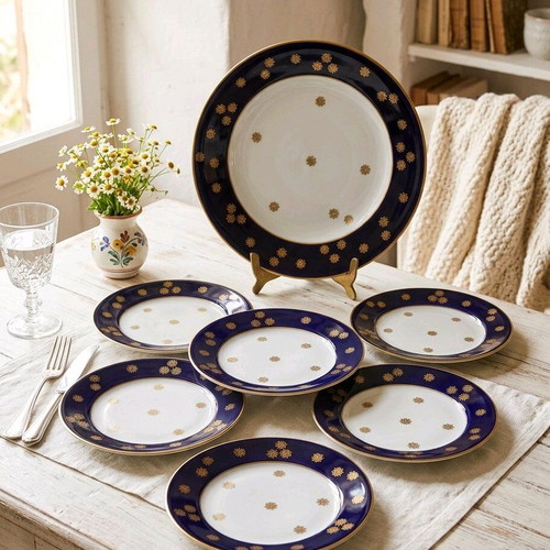 Vintage Weimar Germany Cobalt Blue and Gold Pasta Set, 7 Pieces