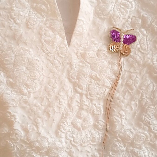 Handmade butterfly brooch with sequins like new, pink and gold