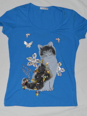 Sublimis bright blue cat graphic t-shirt new, sequin and bead embellished