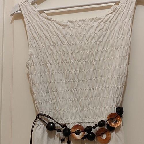Boho dress with smocked bodice and wooden belt set, like new, white/cream
