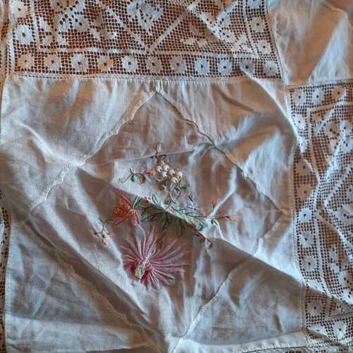 Embroidered tablecloth like new square with lace 87 cm