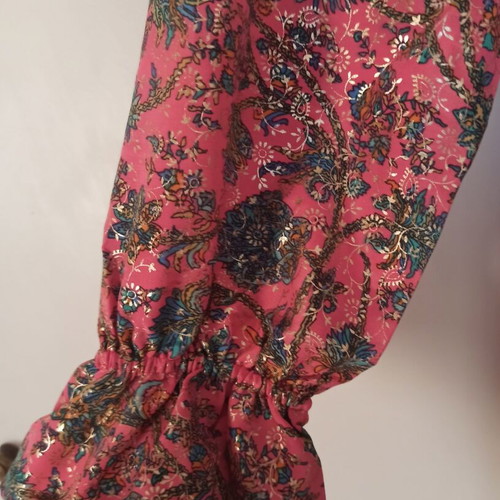 Pink coral dress with multicolor paisley and gold print, Large