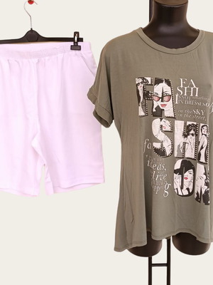 Σετ σορτς και μπλούζα plus size μεταχειρισμένο, λευκό και λαδί