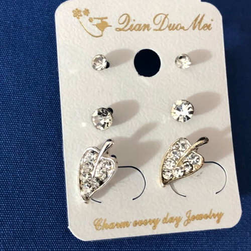 Silver Tone Rhinestone Stud and Leaf Earring Set new fashion jewelry