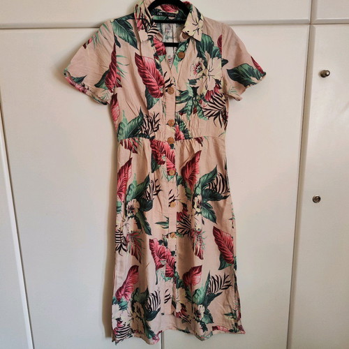 ZARA Tropical Floral Linen-Blend Shirt Dress - Size S - Ροζ/Πολύχρωμο