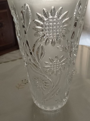 Vintage cut and frosted crystal vase with sunflower motif