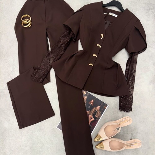 Club brown set new, blazer with lace sleeves and pants XL 42