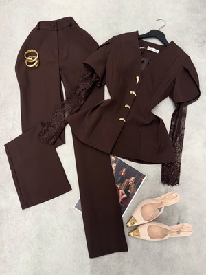 Club brown set new, blazer with lace sleeves and pants XL 42