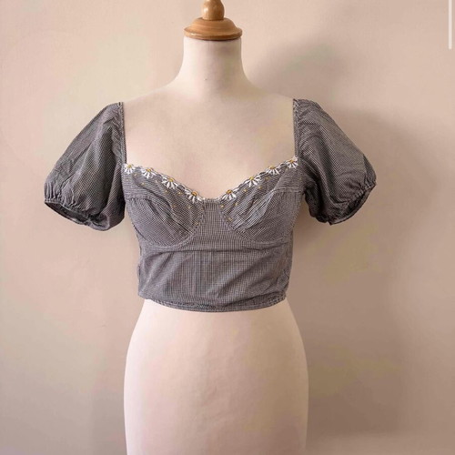 Vintage gingham bustier crop top with puff sleeves, like new