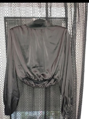 Thesis Satin Black Crop Top with High Neck and Shoulder Pads, Like New