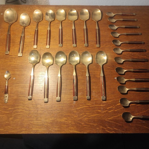 Vintage brass and rosewood cutlery set, 93 pieces, Mid-Century