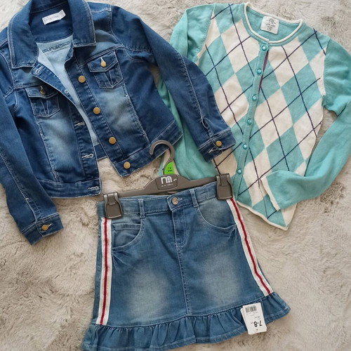 Set of 3 pieces denim skirt Mothercare, denim jacket Orchestra and thin knitted cardigan logg like new