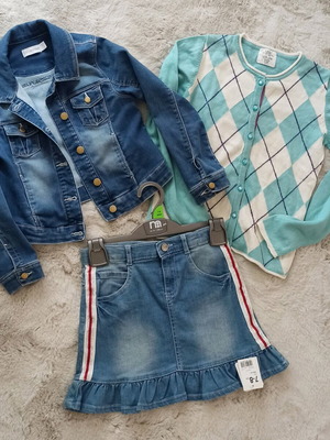 Set of 3 pieces denim skirt Mothercare, denim jacket Orchestra and thin knitted cardigan logg like new