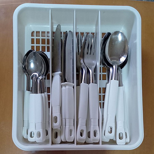 Cutlery set 24 pieces with white plastic handle and storage case