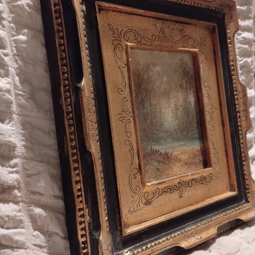 Oil painting by G. Skourlis used, miniature landscape in ornate vintage frame