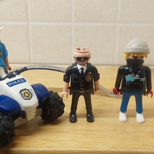 Playmobil set of 3 including water cannon, police with bike, graffiti officer