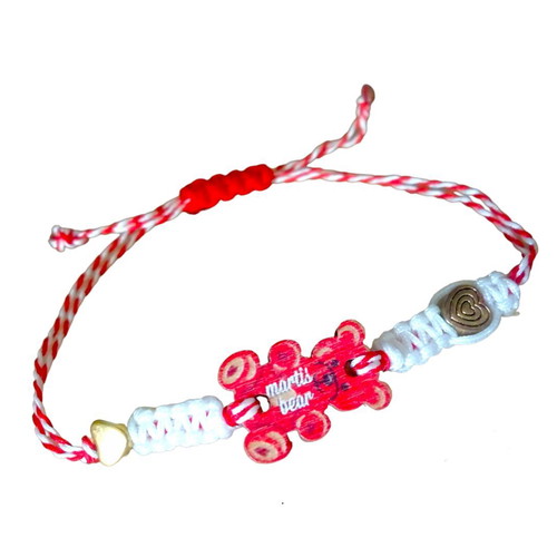 Handmade Martaki macrame bracelet with wooden bear and metal hearts, adjustable, new
