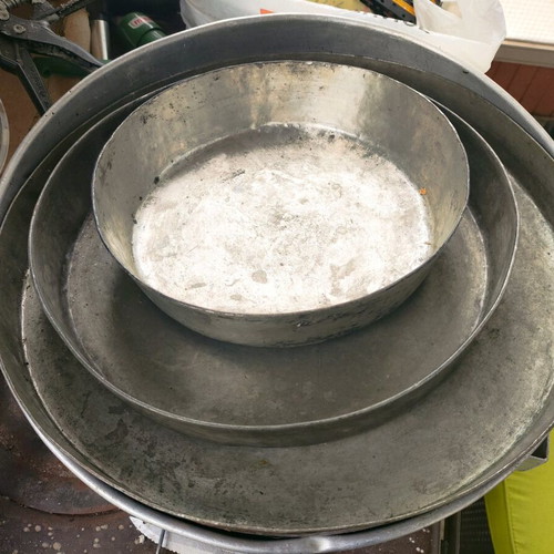 Copper baking pans used, set of 4, diameters 41, 40, 32, 25 cm