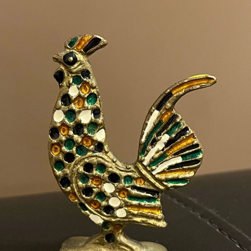 Vintage metal rooster with Champlevé enamel like new