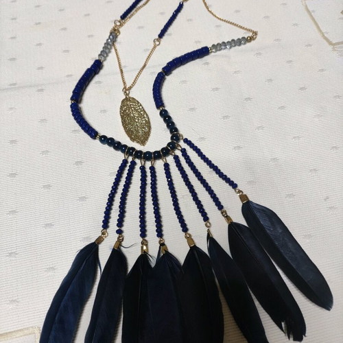 Long blue necklace with feathers new