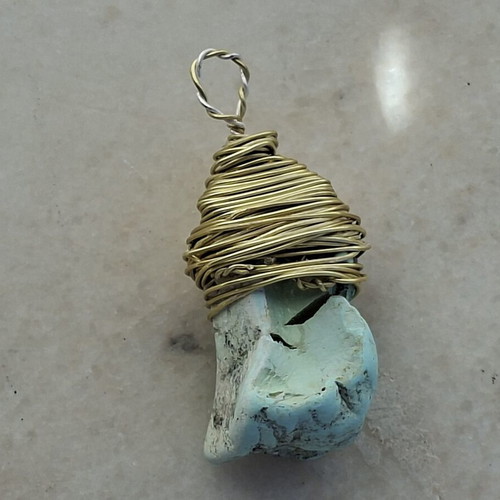 Handmade Turquoise Stone Pendant with Brass Wire