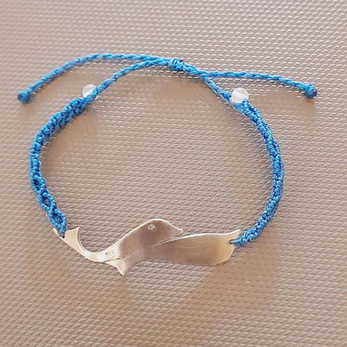 Handmade silver macrame bracelet with silver dolphins and colorfast threads