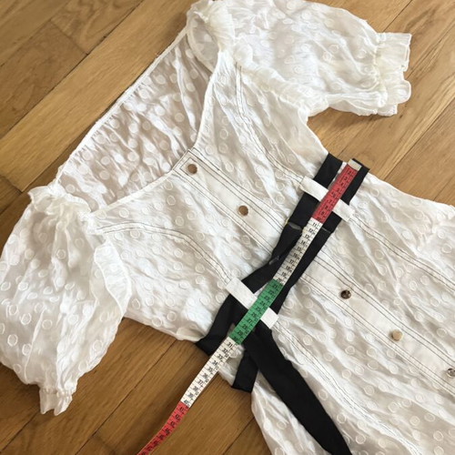 Midi dress S like new, white with puff sleeves and black waist ties