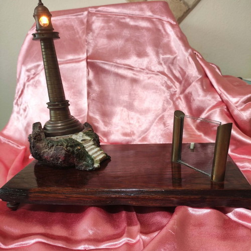 Vintage handmade brass lighthouse table lamp with photo frame