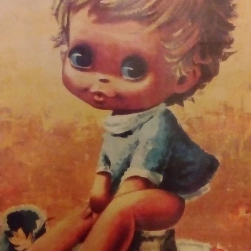 Big Eye Kids framed painting boy on potty used vintage