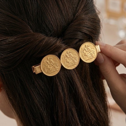 Gold-plated hair clip with 3 English coins used