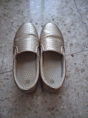 Slip-on shoes used, women's gold snakeskin embossed leather, size 38