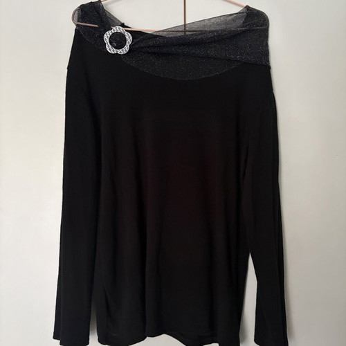 Black blouse with sheer detail and silver buckle, new, size L